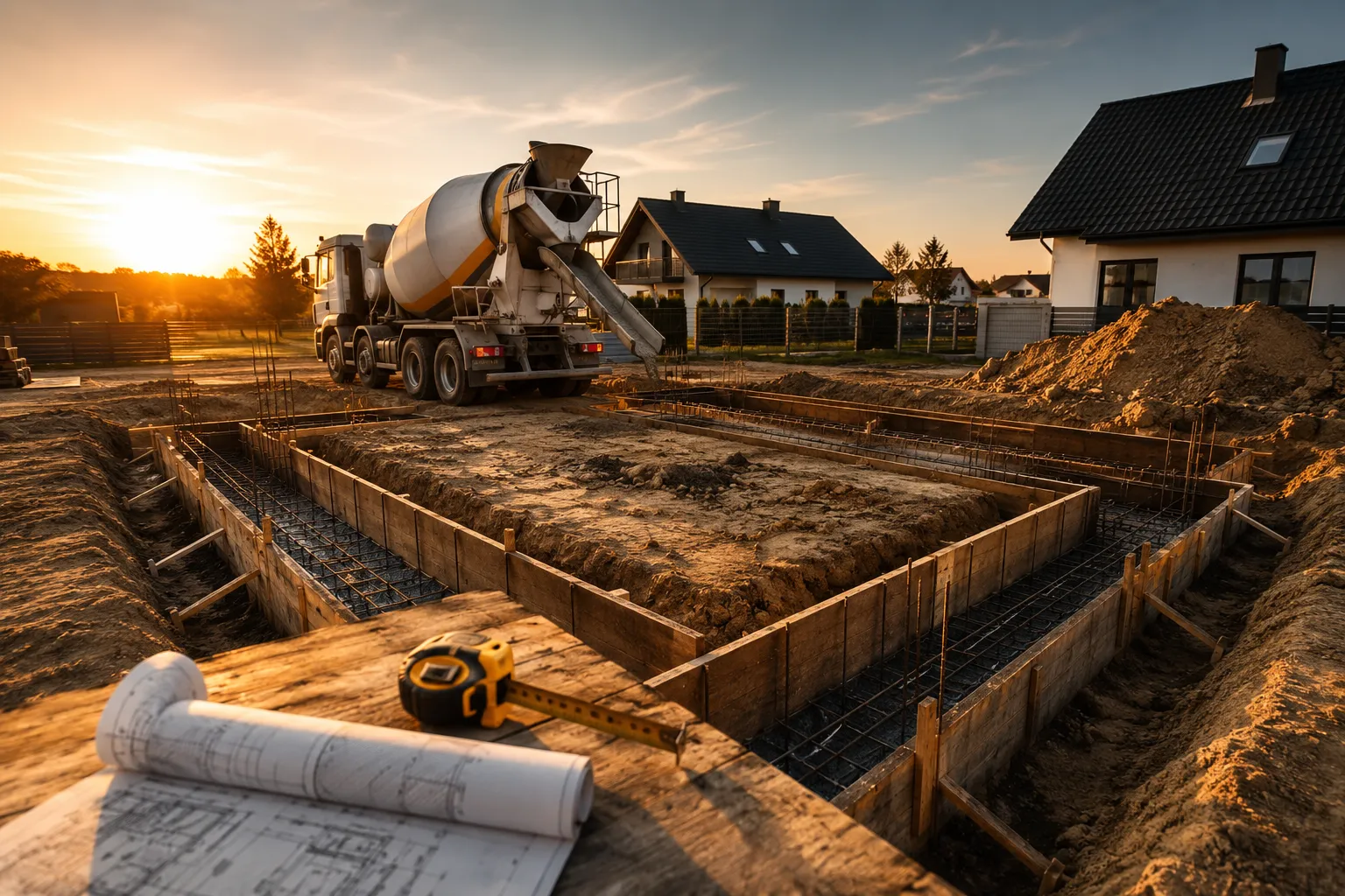 Editorial landscape photograph () of a residential construction site in Poland during golden hour: freshly excavated